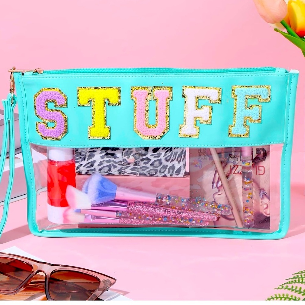 Turquoise Transparent Stuff Makeup Bag with Colorful 'STUFF' Letters